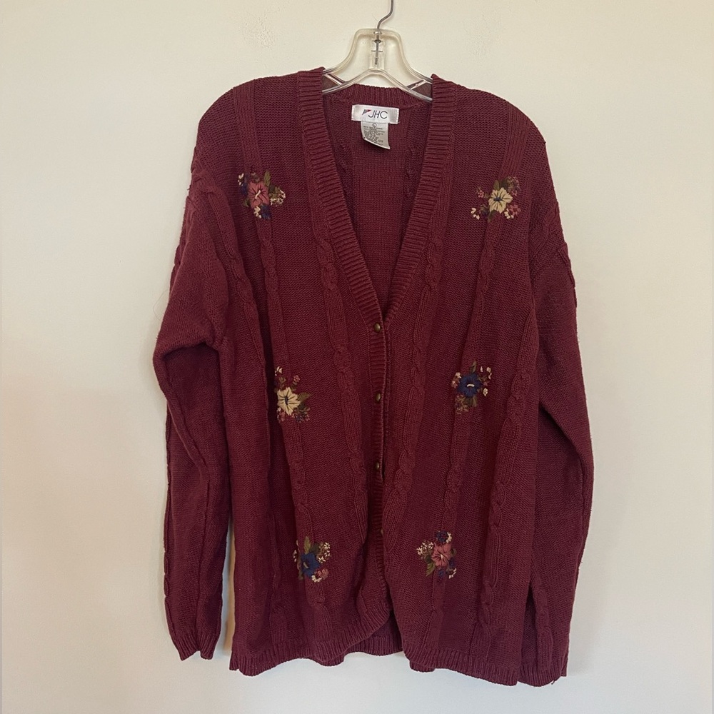 Vintage JHC Burgundy Floral Cable-Knit Cardigan Sweater Embroidered Large Cotton